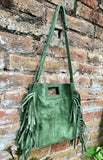 Moss green crossbody fringed bag. BOHO suede leather bag with FRINGES. Green genuine suede leather. Moss green suede purse.