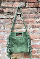 Moss green crossbody fringed bag. BOHO suede leather bag with FRINGES. Green genuine suede leather. Moss green suede purse.