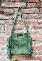 Moss green crossbody fringed bag. BOHO suede leather bag with FRINGES. Green genuine suede leather. Moss green suede purse.