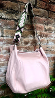 Pink leather bag. TOTE leather shopper in light PINK. Genuine leather. Shoulder bag for your laptop, ipad, tablet or books + guitar strap