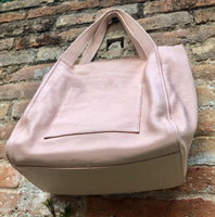 Pink leather bag. TOTE leather shopper in light PINK. Genuine leather. Shoulder bag for your laptop, ipad, tablet or books + guitar strap