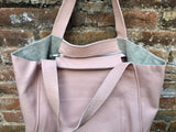 Pink leather bag. TOTE leather shopper in light PINK. Genuine leather. Shoulder bag for your laptop, ipad, tablet or books + guitar strap