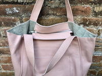 Pink leather bag. TOTE leather shopper in light PINK. Genuine leather. Shoulder bag for your laptop, ipad, tablet or books + guitar strap