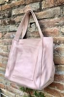 Pink leather bag. TOTE leather shopper in light PINK. Genuine leather. Shoulder bag for your laptop, ipad, tablet or books + guitar strap