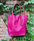 Hot PINK shopper bag in GENUINE leather. Large carry all bag for laptops, books. Fuchsia pink leather tote / bucket bag. Pink leather purse