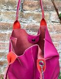 Hot PINK shopper bag in GENUINE leather. Large carry all bag for laptops, books. Fuchsia pink leather tote / bucket bag. Pink leather purse