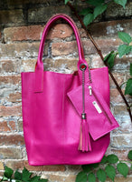 Hot PINK shopper bag in GENUINE leather. Large carry all bag for laptops, books. Fuchsia pink leather tote / bucket bag. Pink leather purse