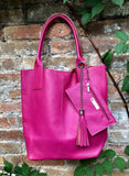 Hot PINK shopper bag in GENUINE leather. Large carry all bag for laptops, books. Fuchsia pink leather tote / bucket bag. Pink leather purse