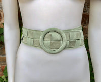 Light GREEN waist belt with large round buckle.Mint green boho soft suede wide belt. Genuine natural suede leather. Sage green dress belt