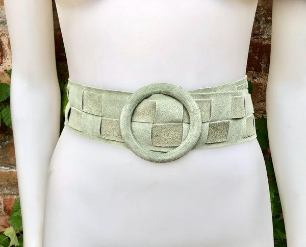 Light GREEN waist belt with large round buckle.Mint green boho soft suede wide belt. Genuine natural suede leather. Sage green dress belt