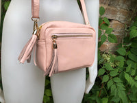 Small light PINK leather bag. GENUINE leather shoulder / cross body bag. Soft PINK leather purse with adjustable strap and zipper.