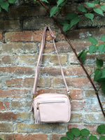 Small light PINK leather bag. GENUINE leather shoulder / cross body bag. Soft PINK leather purse with adjustable strap and zipper.