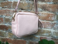 Small light PINK leather bag. GENUINE leather shoulder / cross body bag. Soft PINK leather purse with adjustable strap and zipper.