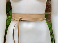 Beige obi belt in soft leather. Narrow style. Beige wrap belt . Wraparound waist belt in genuine leather. Beige leather dress belt.