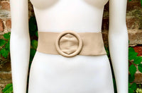 Beige leather waist belt with large round buckle. Soft leather belt in beige. Genuine leather dress belt. Beige wide waist belt