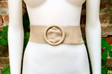 Beige leather waist belt with large round buckle. Soft leather belt in beige. Genuine leather dress belt. Beige wide waist belt