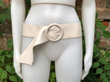 Cream leather waist belt with large round buckle. Soft leather belt in broken white. Genuine leather dress belt. Light beige wide waist belt