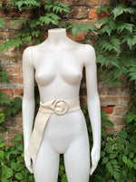 Cream leather waist belt with large round buckle. Soft leather belt in broken white. Genuine leather dress belt. Light beige wide waist belt