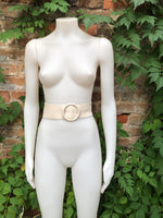 Cream leather waist belt with large round buckle. Soft leather belt in broken white. Genuine leather dress belt. Light beige wide waist belt