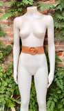 Light camel brown leather waist belt with round buckle. Soft leather belt in camel brown. Genuine leather dress belt. Brown wide waist belt