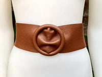 Dark camel brown leather waist belt with round buckle. Soft leather belt in camel brown. Genuine leather dress belt. Brown wide waist belt