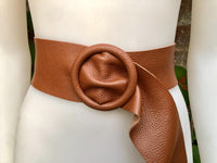 Dark camel brown leather waist belt with round buckle. Soft leather belt in camel brown. Genuine leather dress belt. Brown wide waist belt