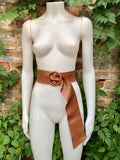 Dark camel brown leather waist belt with round buckle. Soft leather belt in camel brown. Genuine leather dress belt. Brown wide waist belt