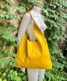 Shoulder leather bag in yellow. Genuine leather shopper in green. Soft natural leather Carry all bag for your laptop, books...Yellow purse