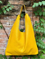 Shoulder leather bag in yellow. Genuine leather shopper in green. Soft natural leather Carry all bag for your laptop, books...Yellow purse