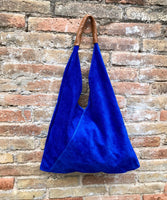 Slouch leather bag in cobalt blue suede. Genuine leather shoulder bag. Origami shopper bag + camel brown leather accent. Royal blue purse