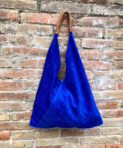Slouch leather bag in cobalt blue suede. Genuine leather shoulder bag. Origami shopper bag + camel brown leather accent. Royal blue purse