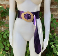 PURPLE metallic leather waist belt with gold color large buckle. Boho glitter genuine soft leather belt. Purple wide dress belt.