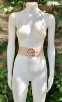 Pink leather waist belt with large round buckle. Soft leather belt in light pink. Genuine leather pink dress belt. Pink wide waist belt