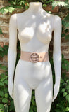 Pink leather waist belt with large round buckle.Soft leather belt in light dusty pink. Genuine leather pink dress belt. Pink wide waist belt