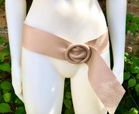 Pink leather waist belt with large round buckle. Soft leather belt in light pink. Genuine leather pink dress belt. Pink wide waist belt