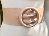 Pink leather waist belt with large round buckle.Soft leather belt in light dusty pink. Genuine leather pink dress belt. Pink wide waist belt