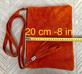 Light beige suede leather bag. GENUINE leather small crossbody / shoulder bag.Adjustable strap + zipper. Cream suede purse with tassel.