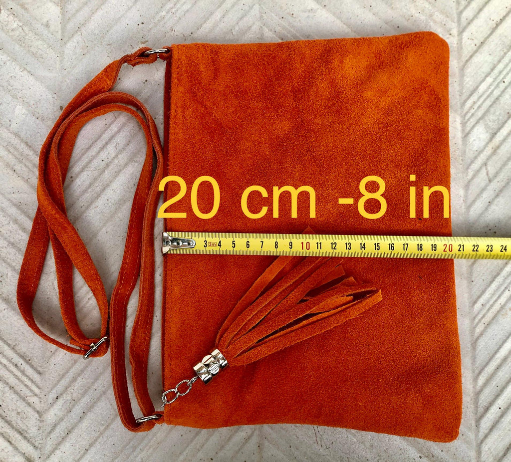Light beige suede leather bag. GENUINE leather small crossbody / shoulder bag.Adjustable strap + zipper. Cream suede purse with tassel.