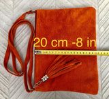 Orange suede leather bag. GENUINE leather small crossbody / shoulder bag.Adjustable strap + zipper. Orange suede purse with tassel.