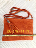 Orange suede leather bag. GENUINE leather small crossbody / shoulder bag.Adjustable strap + zipper. Orange suede purse with tassel.