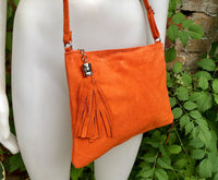 Orange suede leather bag. GENUINE leather small crossbody / shoulder bag.Adjustable strap + zipper. Orange suede purse with tassel.