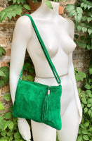 GREEN suede leather bag. GENUINE leather small crossbody / shoulder bag.Adjustable strap + zipper. Green suede purse with tassel.