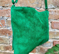 GREEN suede leather bag. GENUINE leather small crossbody / shoulder bag.Adjustable strap + zipper. Green suede purse with tassel.