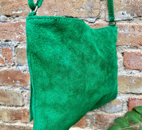 GREEN suede leather bag. GENUINE leather small crossbody / shoulder bag.Adjustable strap + zipper. Green suede purse with tassel.