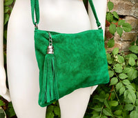 GREEN suede leather bag. GENUINE leather small crossbody / shoulder bag.Adjustable strap + zipper. Green suede purse with tassel.