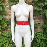 RED leather waist belt with large round buckle. Soft leather belt in RED. Genuine leather bright RED dress belt. Red wide waist belt