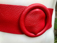 RED leather waist belt with large round buckle. Soft leather belt in RED. Genuine leather bright RED dress belt. Red wide waist belt