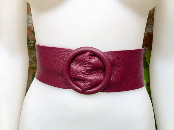 PLUM leather waist belt with large round buckle. Soft leather belt in aubergine. Genuine leather purple-burgundy dress belt. Wide waist belt