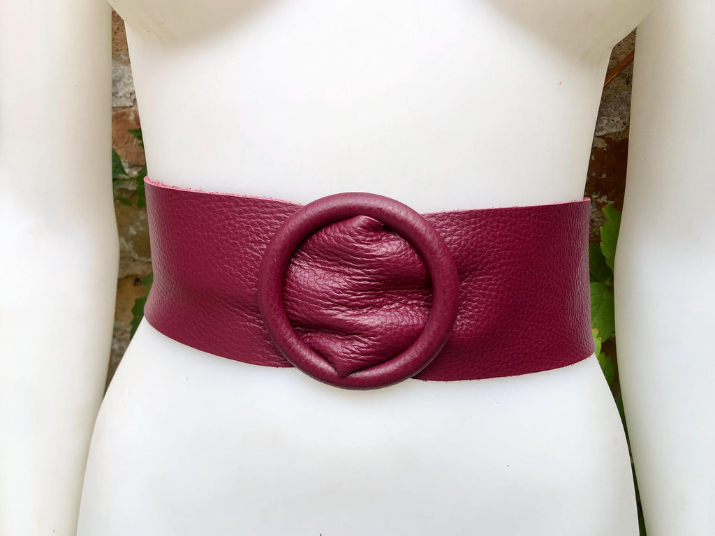 BURGUNDY leather waist belt with large round buckle. Soft leather belt. Genuine leather terracotta-burgundy dress belt. Wide waist belt