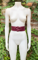 PLUM leather waist belt with large round buckle. Soft leather belt in aubergine. Genuine leather purple-burgundy dress belt. Wide waist belt